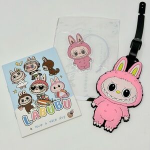 Labubu Pink PVC Luggage Tag Notebook and Air Freshener Bundle